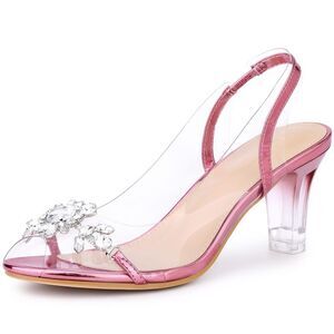 Peep Toe Flower Rhinestone Slingback Clear Chunky Heels Sandals Pink